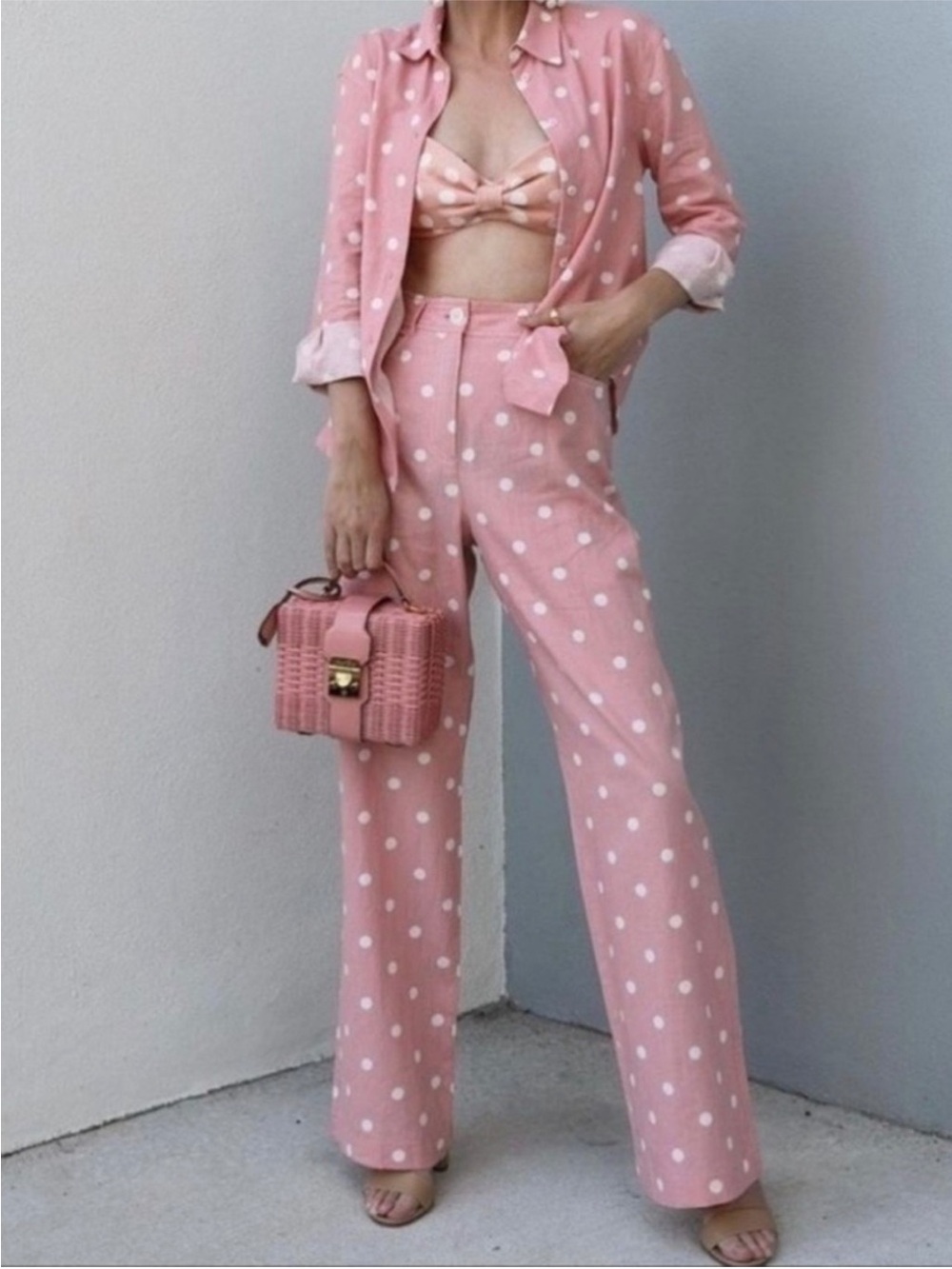NWOT ZARA linen blend pink pants with white polka dots size XS